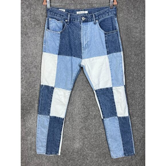 PacSun Vintage Loose Jeans Mens Size 31x29 Blue White Patchwork Straight Leg - Picture 1 of 12